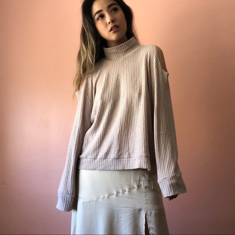 LNA Oatmeal Waffle Knit Cutout Sweater